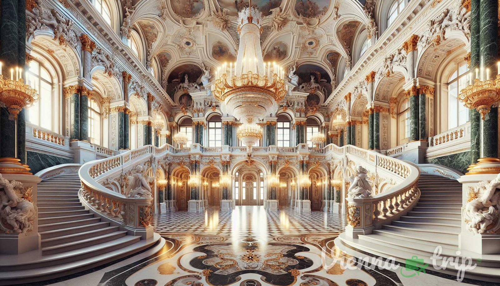 Illustration for section: The Grand Marble Hall: This magnificent hall is the centerpiece of the Upper Belvedere. With its int - belvedere secrets