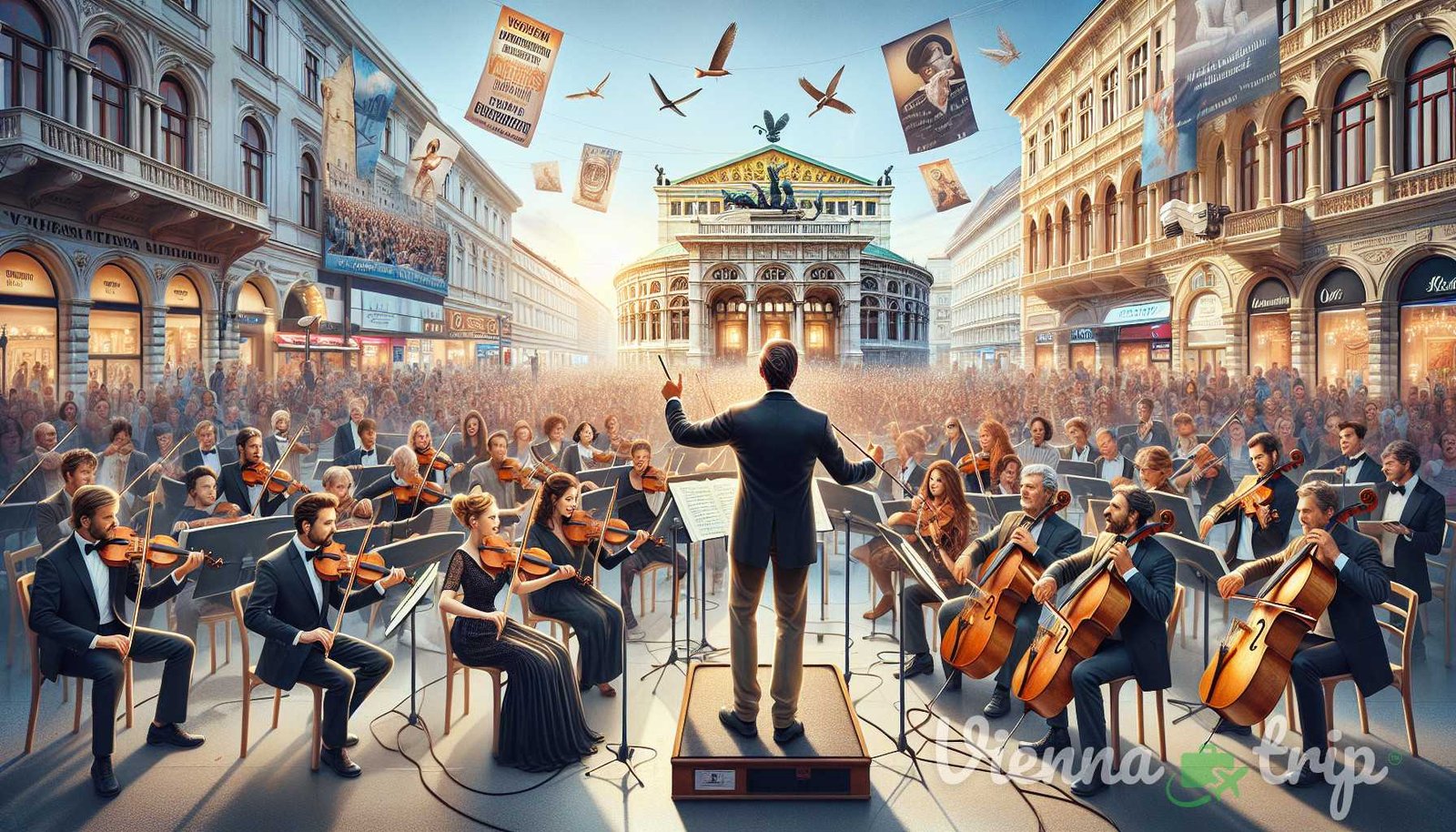Ilustración para la sección: Las encantadoras melodías de Viena se extienden más allá de los teatros de ópera y salas de conciertos. Las vibrantes melodías mu - vienas de la ciudad