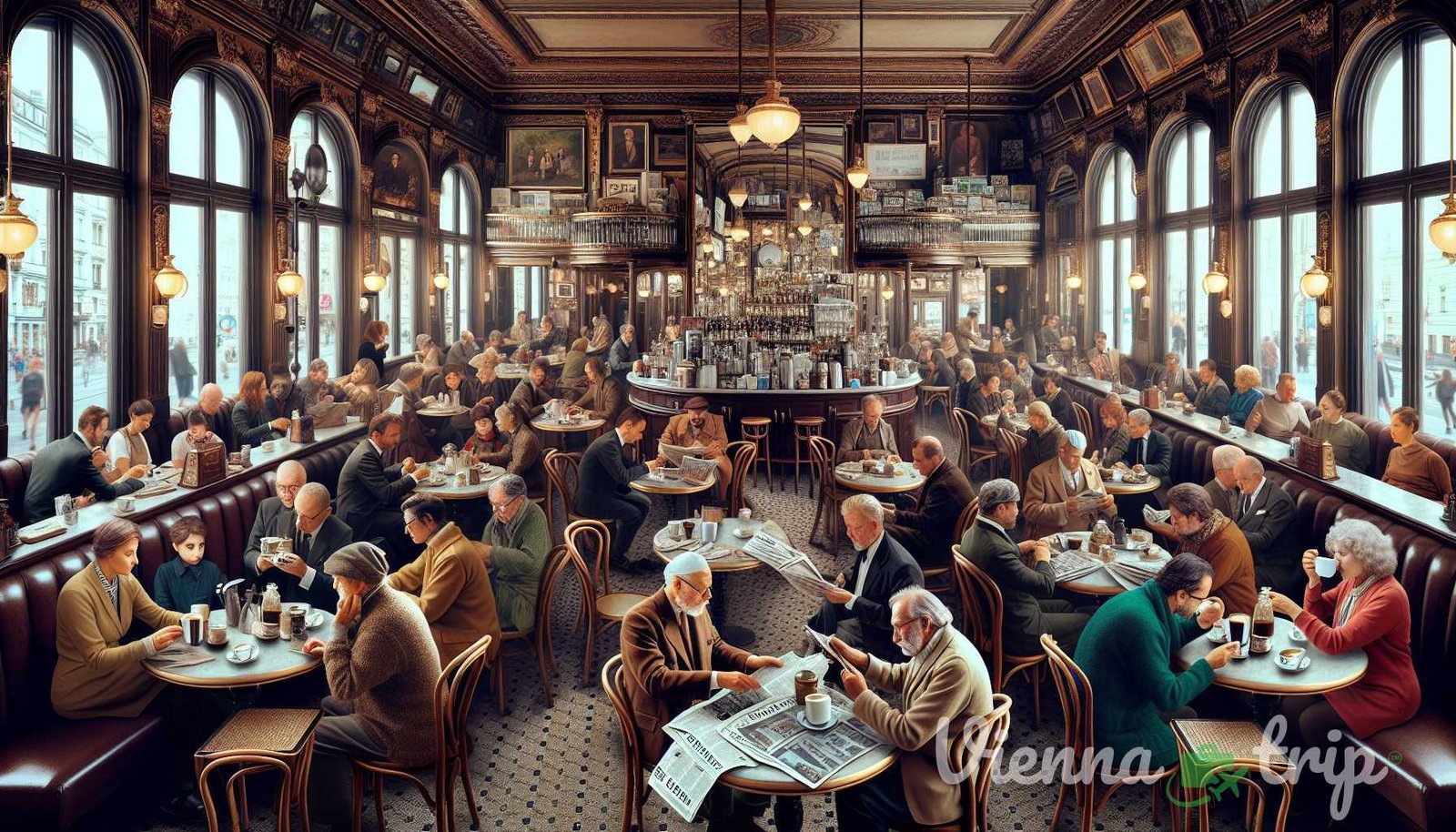 Illustration for section: To this day, many Viennese coffeehouses provide a wide selection of newspapers and magazines for the - viennese art-coffee