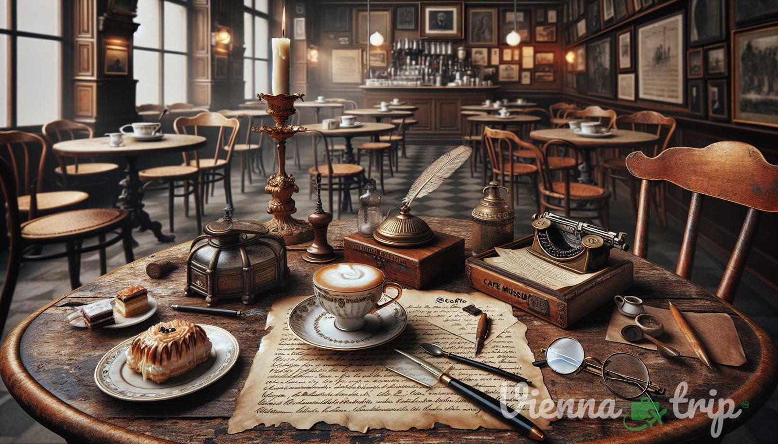 Illustration for section: Many influential literary figures found solace in the comforting embrace of Viennese coffeehouses. T - viennese art-coffee